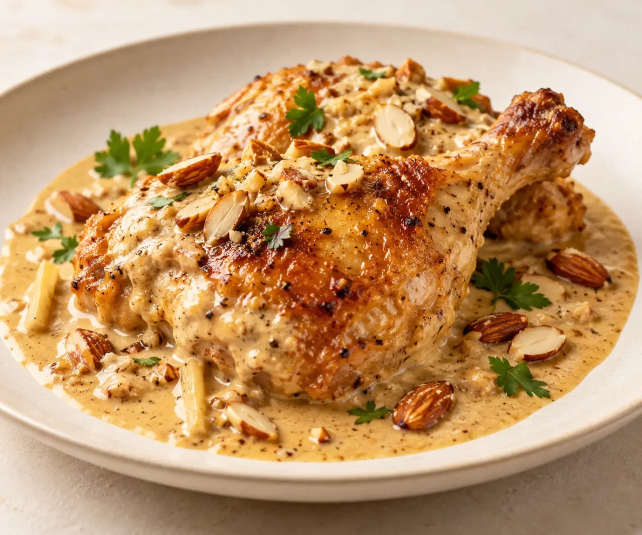 Recette médiévale de poulet aux amandes et au gingembre servie dans une assiette