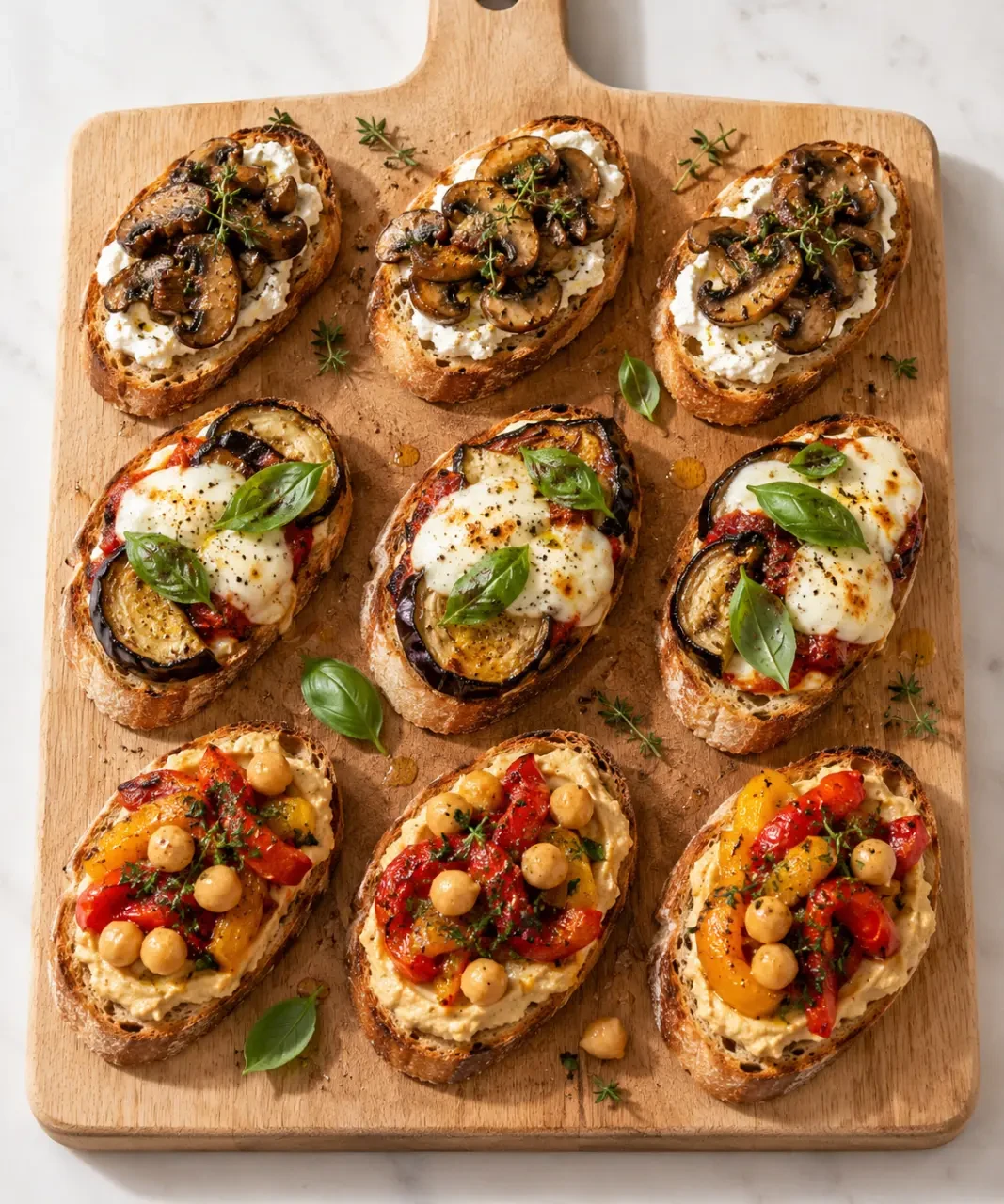 Idées recettes bruschetta végétariennes aux champignons, à l'aubergine et aux poivrons