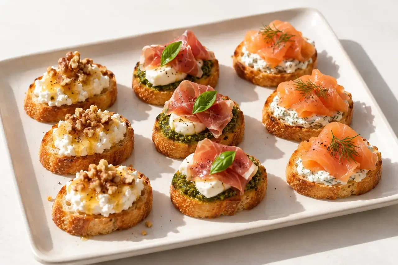 Idées recettes bruschetta pour apéritif avec chèvre, jambon cru et saumon fumé