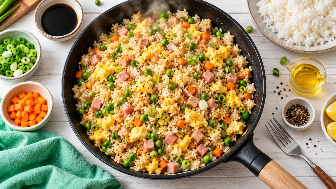 Idées recettes asiatiques : riz sauté maison en poêle, fumant et coloré