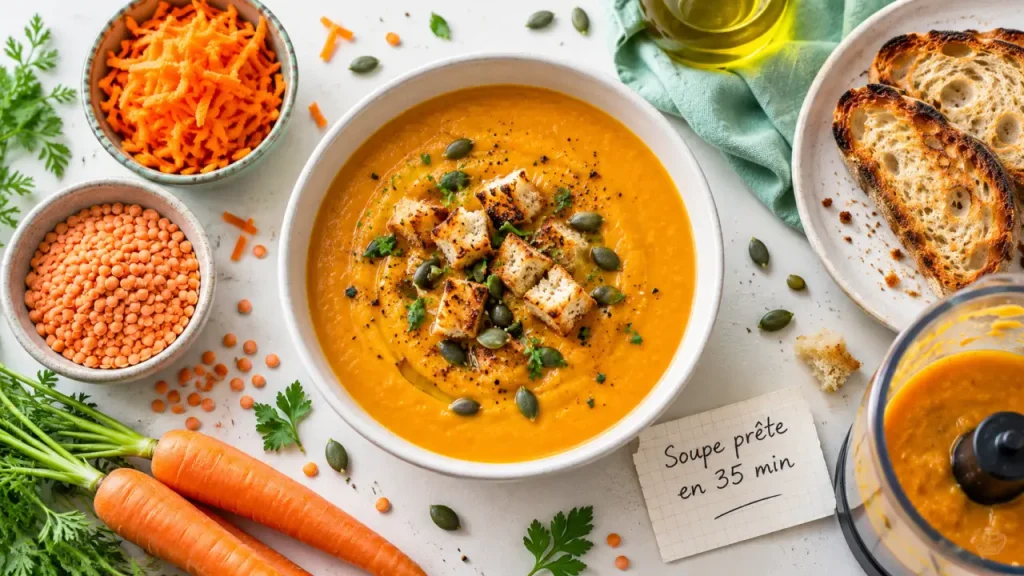 Idées recettes hiver : soupe carottes lentilles corail prête en 35 min