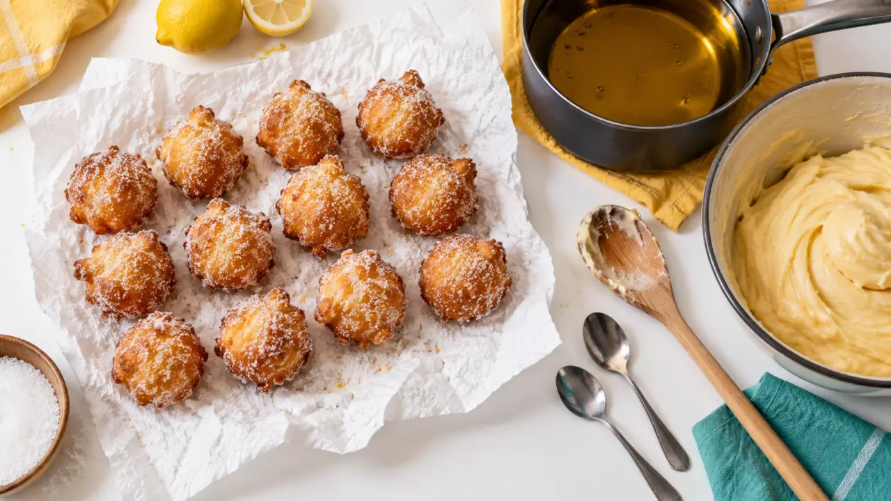 Pets de nonne dorés, pâte à choux frite légère et sucre en poudre